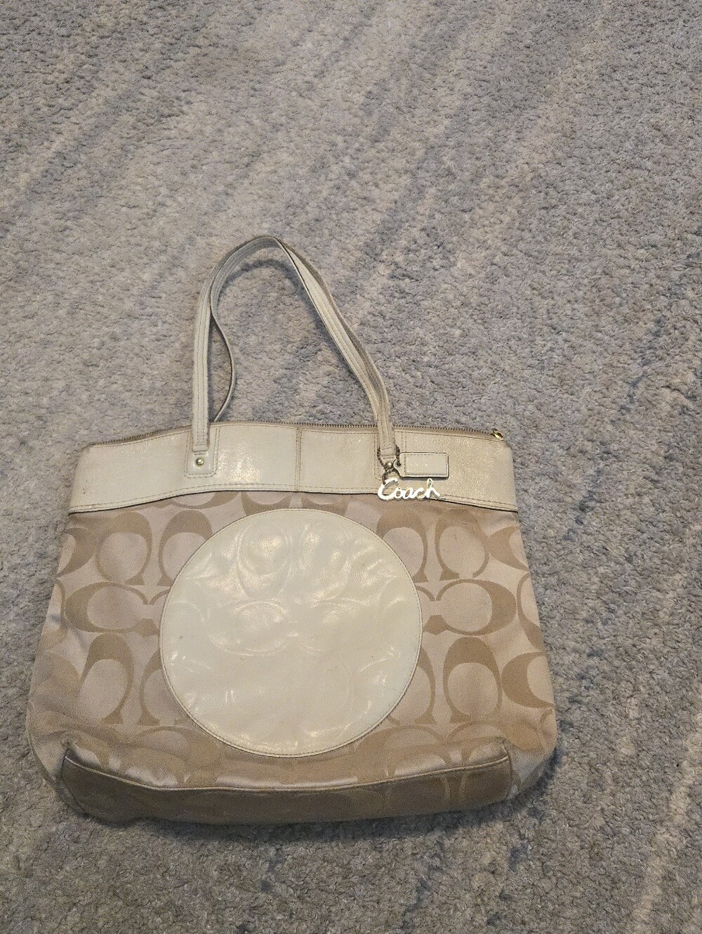 Coach Laura Signature Tote Bag Khaki Cream Canvas Monogram Shoulder Purse F18335